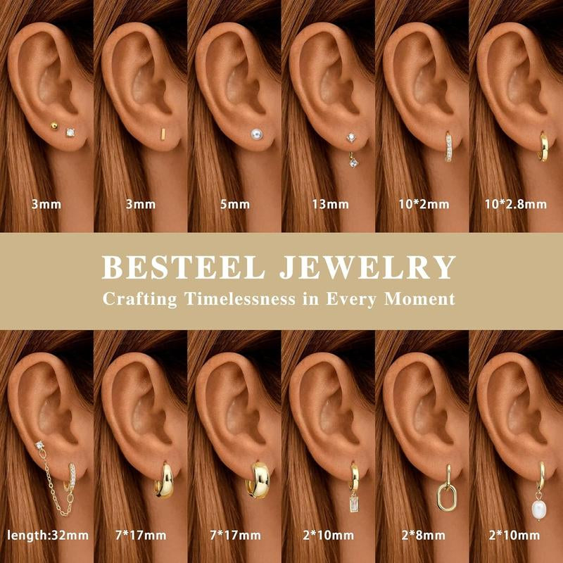 BESTEEL 13 Pairs Small Gold Hoop Earrings Set for Women 14K Gold Plated Lightweight Huggie Hoops Hypoallergenic Pearl Dainty Stud Hoop Earrings for Gift