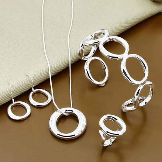 925 Silver round O Shape Necklace Bracelets Open Rings Earrings Set for Women Fashion Jewelry