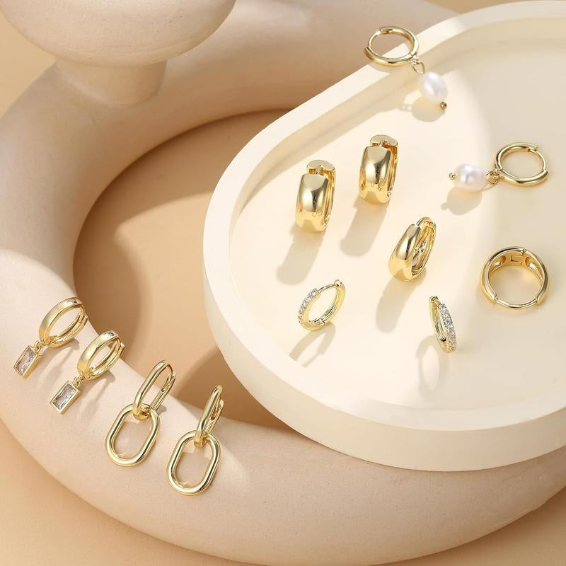 BESTEEL 13 Pairs Small Gold Hoop Earrings Set for Women 14K Gold Plated Lightweight Huggie Hoops Hypoallergenic Pearl Dainty Stud Hoop Earrings for Gift