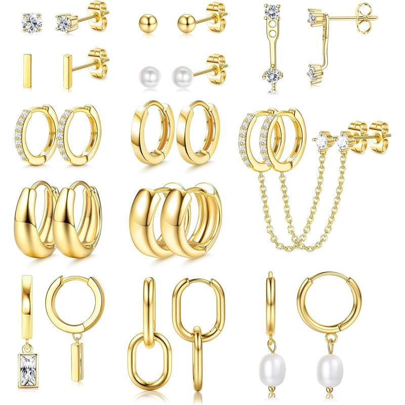 BESTEEL 13 Pairs Small Gold Hoop Earrings Set for Women 14K Gold Plated Lightweight Huggie Hoops Hypoallergenic Pearl Dainty Stud Hoop Earrings for Gift