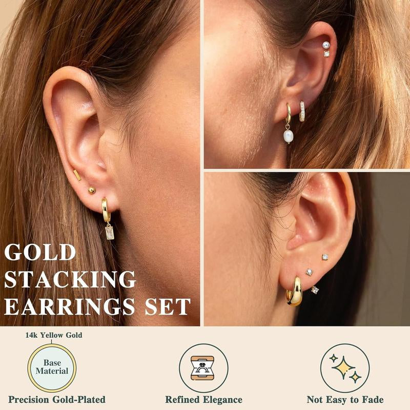 BESTEEL 13 Pairs Small Gold Hoop Earrings Set for Women 14K Gold Plated Lightweight Huggie Hoops Hypoallergenic Pearl Dainty Stud Hoop Earrings for Gift
