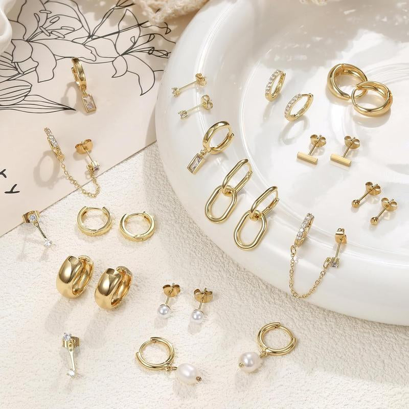 BESTEEL 13 Pairs Small Gold Hoop Earrings Set for Women 14K Gold Plated Lightweight Huggie Hoops Hypoallergenic Pearl Dainty Stud Hoop Earrings for Gift